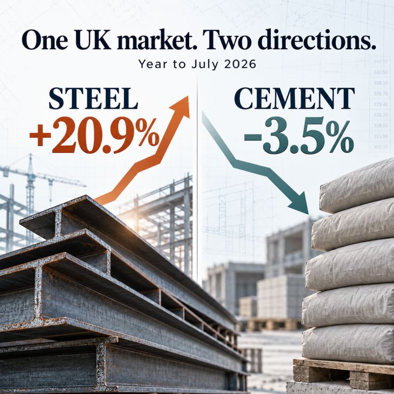 Graphic comparing steel prices up 20.9% and cement down 3.5%